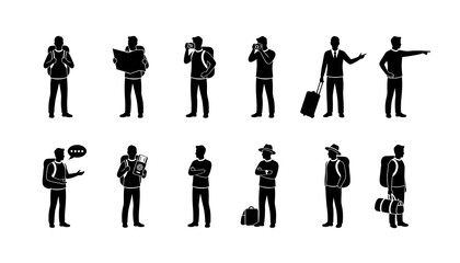 Silhouettes of travelers and tourists in various poses and activities on a plain white background design
