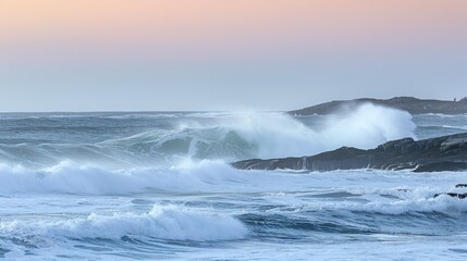 Vast Ocean Waves Crashing Against Rocky Shore Under Soft Pastel Sky