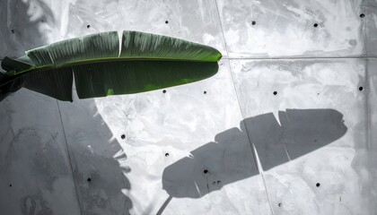 Close-up of a vibrant green banana leaf, casting a shadow on a textured concrete wall