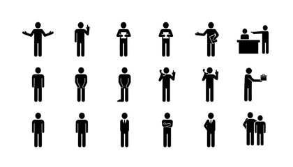 Illustration of various black stick figures in different poses and actions on a white background silhouette