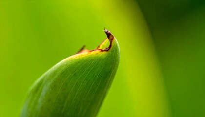 Close-up of a vibrant green leaf with a curled, partially brown tip