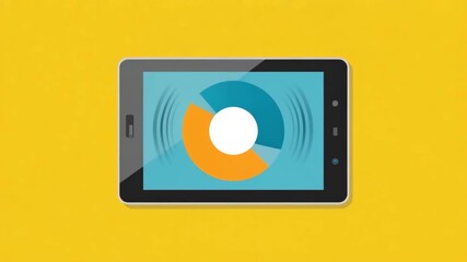 Flat Design Tablet Displaying Pie Chart Analytics with Wireless Signal Waves on Yellow Background - Powered by Adobe