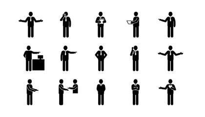 Illustration of stick figures in business attire performing various actions and holding office equipment silhouette