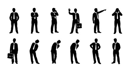 Silhouettes of businessmen in various poses against a white background in a vector style design