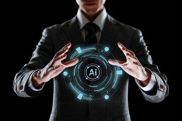 A businessman hold a glowing AI technology innovation