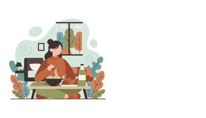Woman enjoys a meal of noodles and chicken at home illustrating cozy dinner and comfort