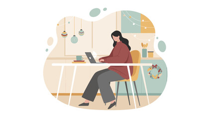 Woman works remotely on laptop in a cozy Christmasdecorated home office Holiday productivity