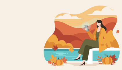 Stylish woman using phone in a vibrant autumn landscape with pumpkins and falling maple leaves