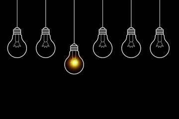 Concept of idea with light bulb on dark background. One glowing light bulb among others on black background. An illuminated light bulb represents a new idea or concept, with other bulbs