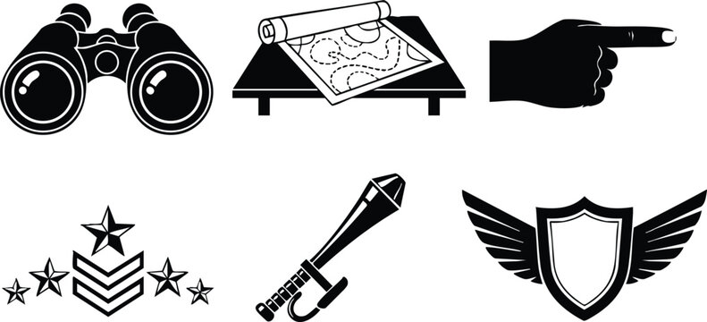Military vector art with binoculars map table pointing hand rank stars dagger and winged shield in bold black silhouette style on white background