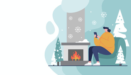 Cozy winter evening Woman relaxing by the fire using smartphone snowflakes outside