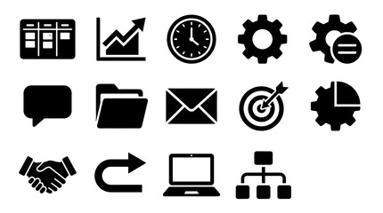 Collection of business and management icons in black silhouette on a white background layout format