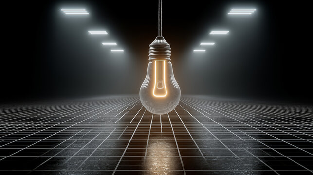 Glowing neon bulb floating over minimal grid cityscape light technology concept modern design futuristic style generated AI