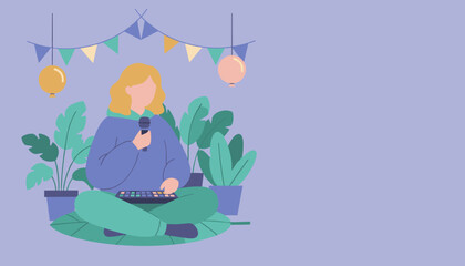 Casual woman records music or podcast using a microphone and controller surrounded by plants