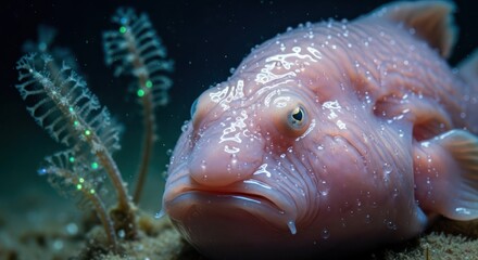 Deep sea blobfish portrait featuring unique textures and ethereal bioluminescent plants