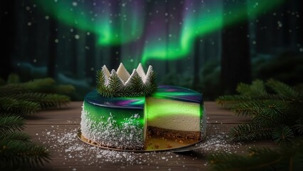 A delectable christmas cake adorned with a crown of evergreen branches, set against a backdrop of the mesmerizing aurora borealis, evokes a sense of winter wonderland magic and festive cheer