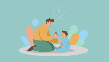 Loving father administers medicine to a sick child Health and family care concept illustration
