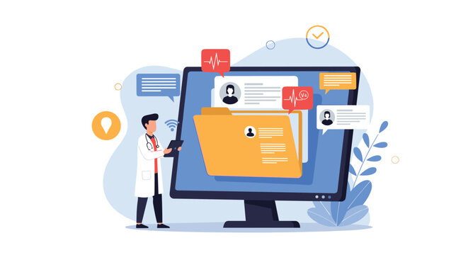 A doctor accessing electronic health records on a tablet, with a large computer screen showing patient data folders and medical information.