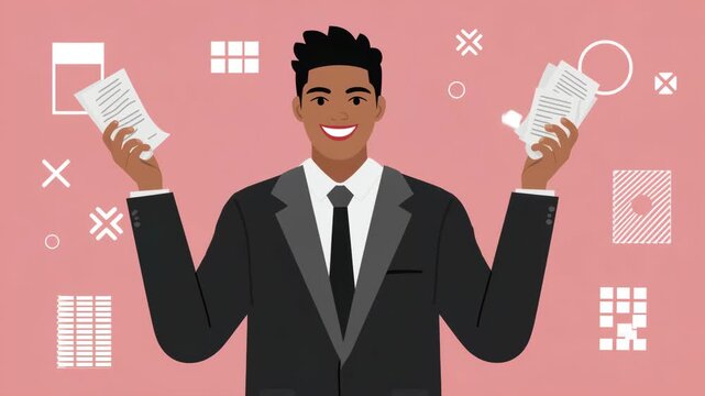Cheerful Businessman Holding Documents with Abstract Geometric Shapes on Pink Background