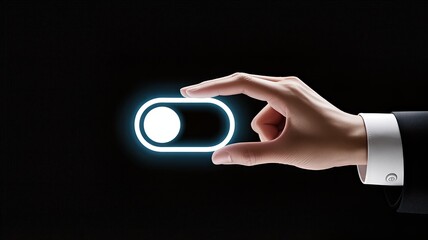 A businessman's hand activates a glowing toggle switch against a dark background, symbolizing control and decision-making.