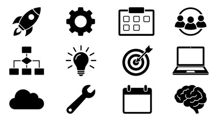 A collection of black and white icons representing business and technology concepts on a white background