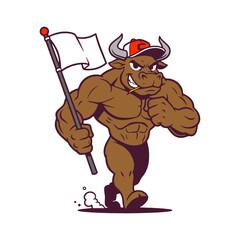 Powerful bull mascot with a baseball cap and a flag ready for victory, perfect for sports teams, branding, and spirited designs with strength and determination
