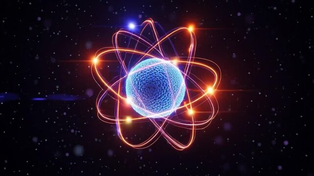 Abstract representation of an atom with orbiting electrons in a dark, space-like background