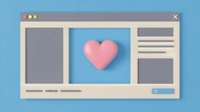 3D Render of Web Browser Interface Window with Pink Heart Icon for Social Media Likes or Dating Apps