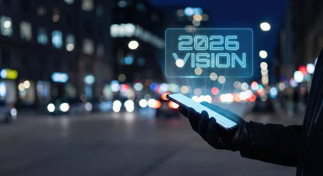Futuristic concept of ai technology in 2026 with glowing digital vision interface above smartphone held by gloved hand at night