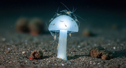 Underwater marvel: a radiant mushroom embraced by delicate translucent shrimp underwater scene