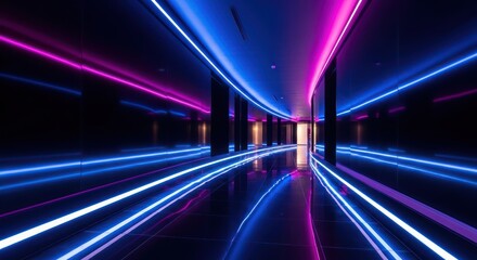 Illuminated corridor with vibrant neon lights creating futuristic atmosphere in the room