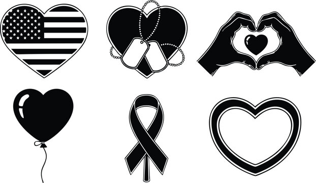Flat design patriotic and military heart icons with american flag dog tags hand gesture heart balloon awareness ribbon and outline heart in black silhouette style