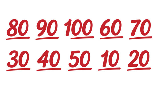 Red Numbers 10 to 100 Underlined on White Background vector