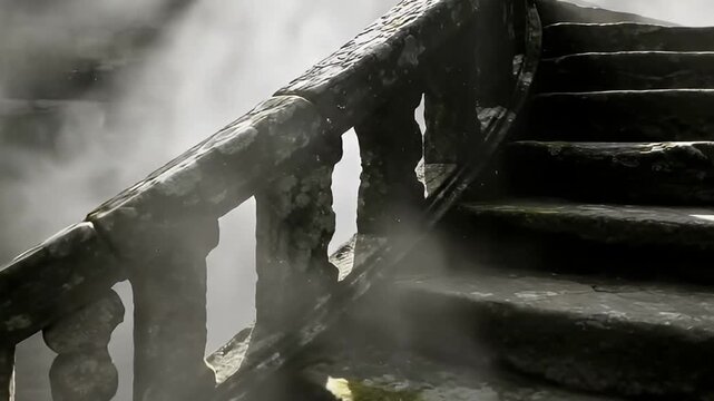 A mysterious stone staircase ascends through thick, ethereal mist, creating a dramatically atmospheric scene. The weathered balustrade and steps, possibly ancient or Gothic in design, are bathed in so