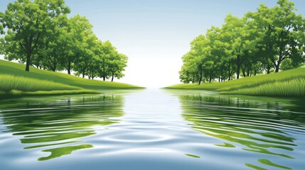 Serene river flowing between lush green hills and trees.