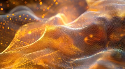 Abstract golden fabric with glowing particles.