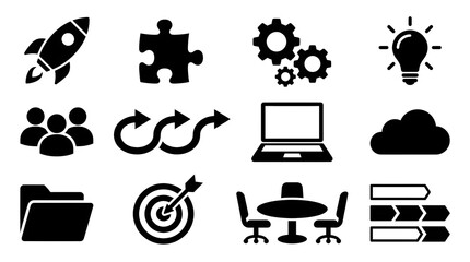A collection of black and white icons representing business concepts and technology elements in a grid