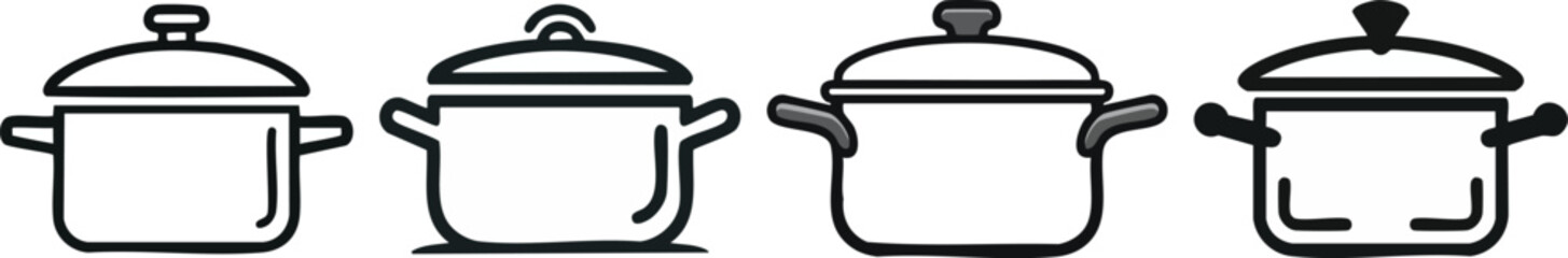 Cooking pot icon drawn in bold minimal line art representing kitchen cookware culinary preparation and food concepts