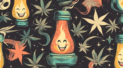 Happy flame lamps and cannabis leaves seamless pattern.