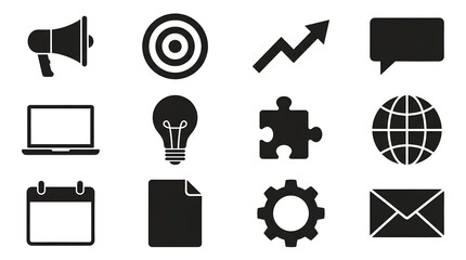 A collection of black and white business and marketing icons arranged on a white background neatly