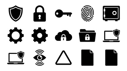 Illustration of security icons depicting safety measures and data protection in black and white