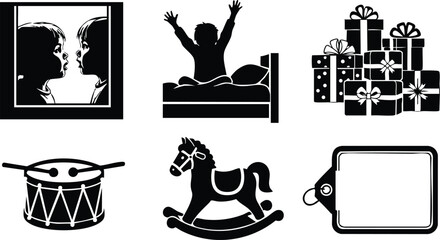 Flat silhouette vector art of excited child in bed gifts stack toy drum rocking horse blank tag and twin children reflection window christmas morning scene