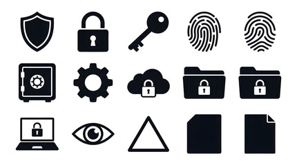 Collection of security related icons including shield lock key fingerprint and safe on a white background