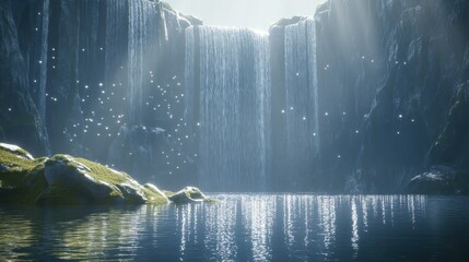 Majestic waterfall cascading into serene lake, sunlight beams illuminate mist and birds.