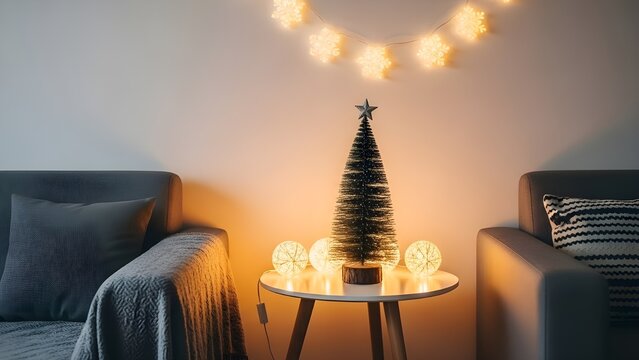 Cozy living room scene with christmas tree decoration and warm lights - Powered by Adobe