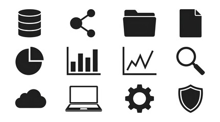 Twelve black and white icons representing data storage, analysis, and security features in a grid