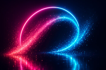 Neon glowing pink and blue energy ring with sparkling particles forming dynamic abstract futuristic background