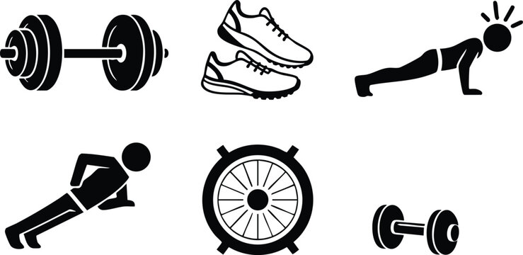Flat icon set of dumbbells sneakers push up athlete and exercise wheel arranged in two rows in simple black silhouette fitness vector art