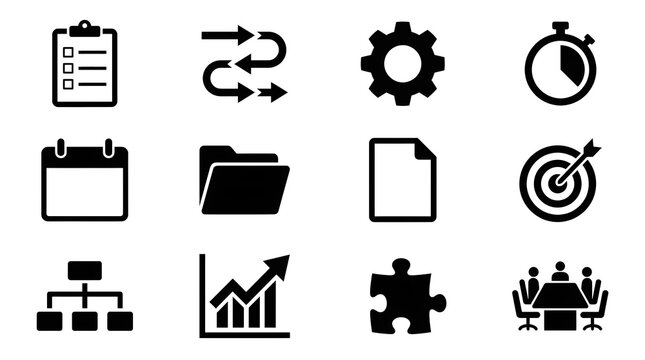 Twelve business icons arranged in a grid including a chart a gear and a meeting icon in black and white