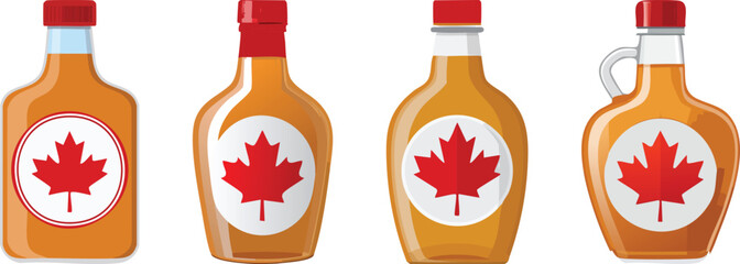 Maple syrup bottle illustration featuring maple leaf emblem in clean simple line art food concept design